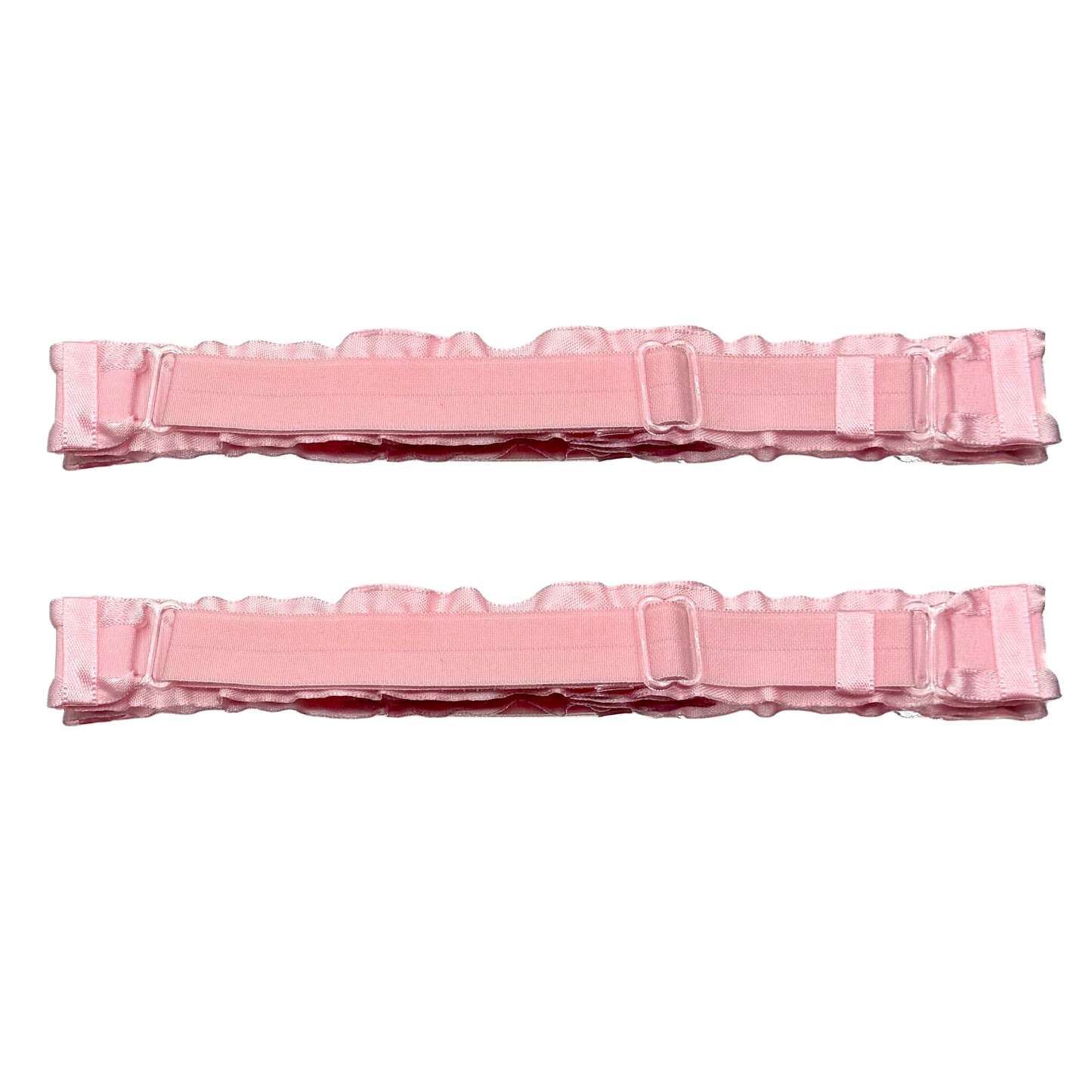 maiden pink ruffled leg garters showing adjustable strap