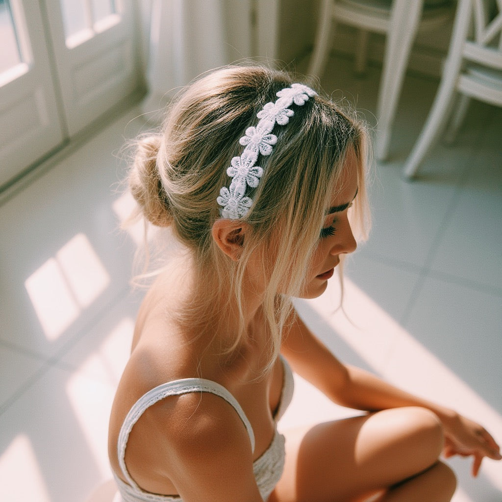 White Flower Headband on Blonde Model