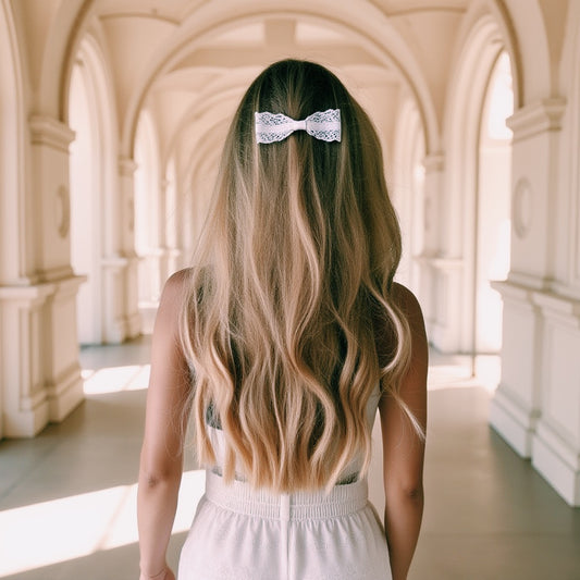 Siren White Lace Hair Bow on model with long hair 