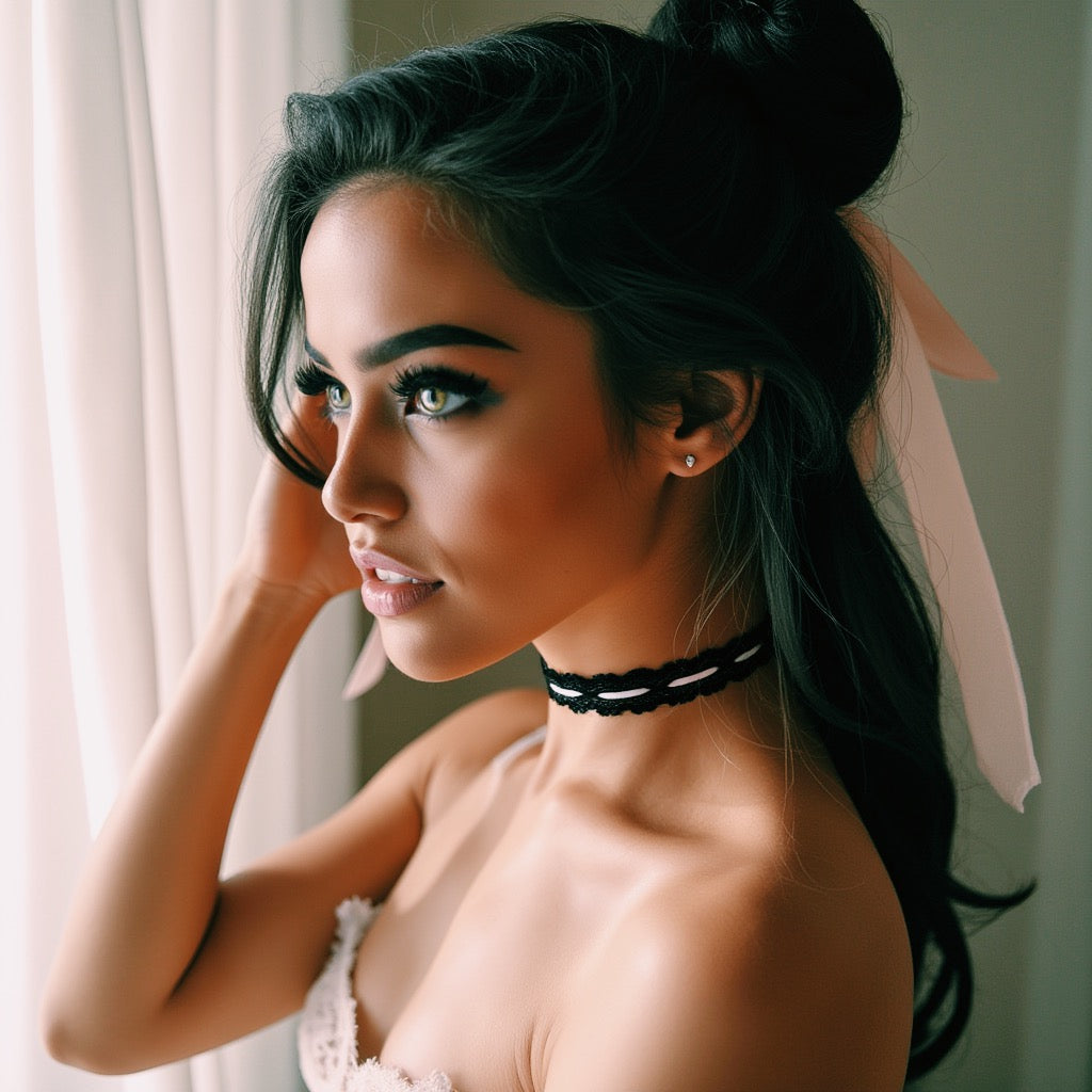 Beautiful brunette wearing black and pink lace choker