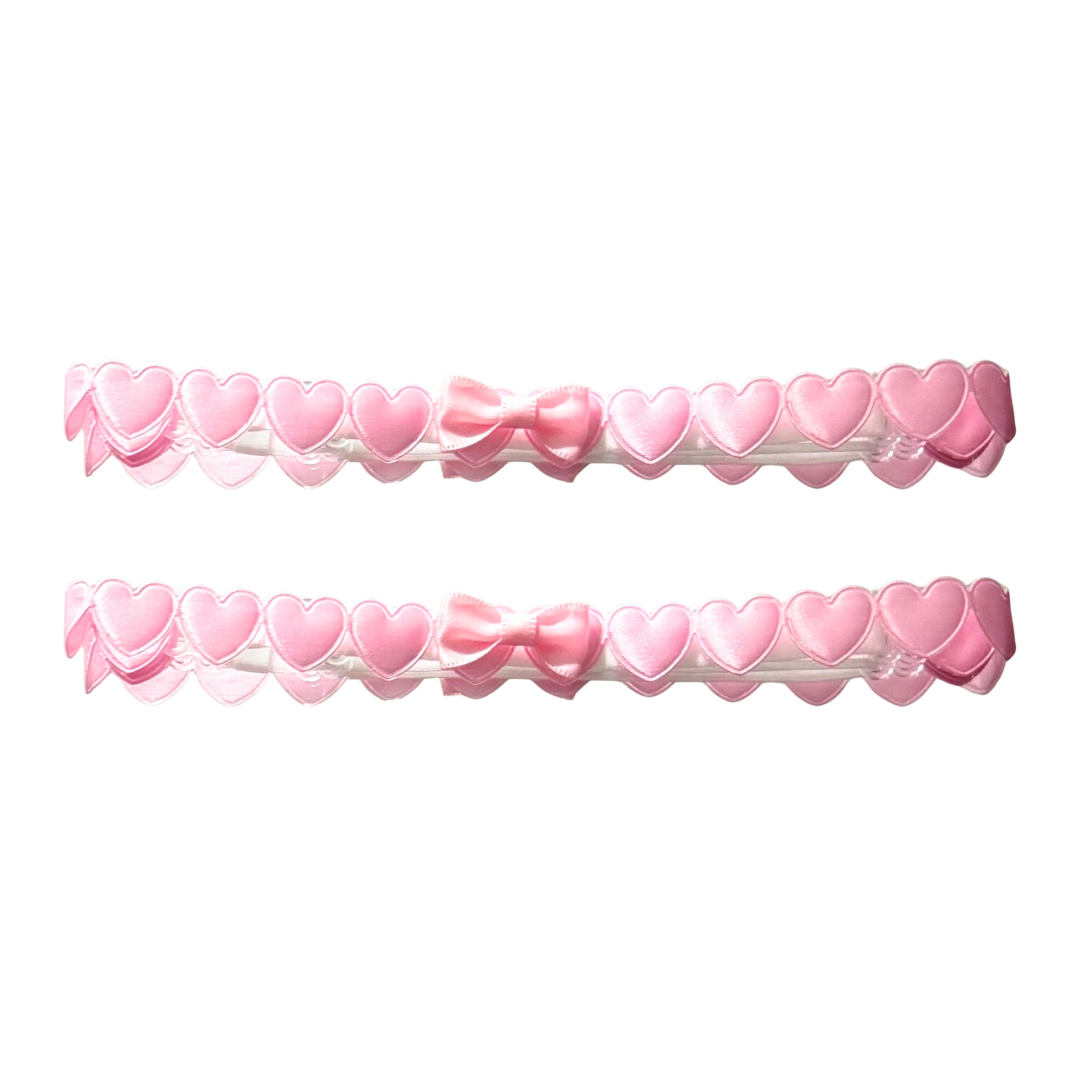 Two Pink Heart Leg Garters with Adjustable White Straps on White Background
