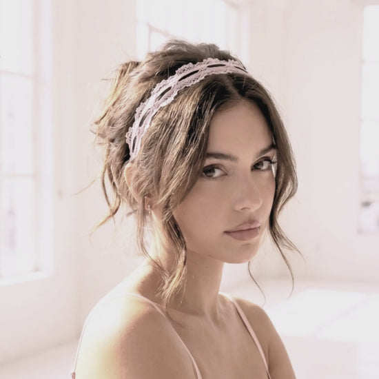 Chantilly Pink Lace Bow Headband on Beautiful Brunette Model
