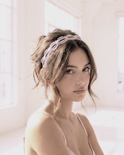 Chantilly Pink Lace Bow Headband on Beautiful Brunette Model
