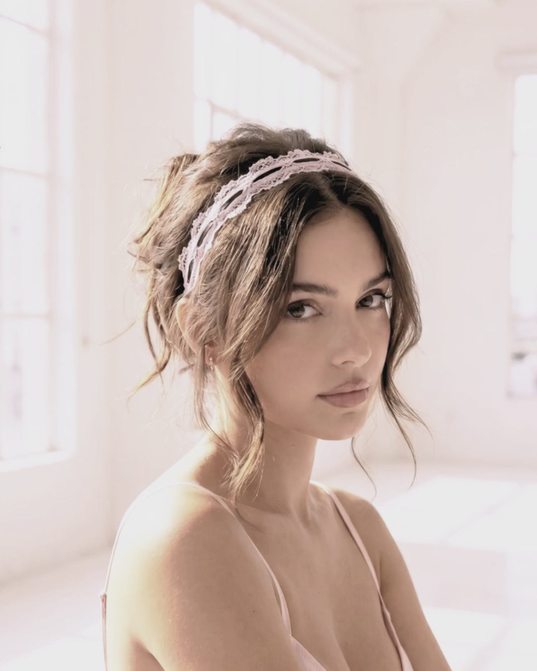 Chantilly Pink Lace Bow Headband on Beautiful Brunette Model