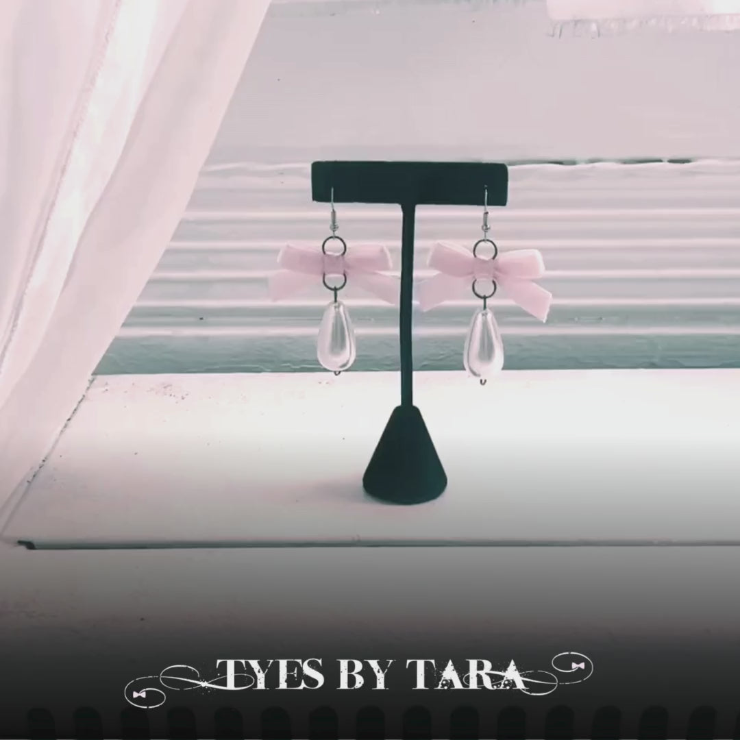 Pink Velvet Bow Earrings with Teardrop Pearls
