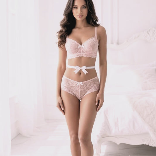 Bombshell White Bow Belt on Brunette model in pink lingerie 
