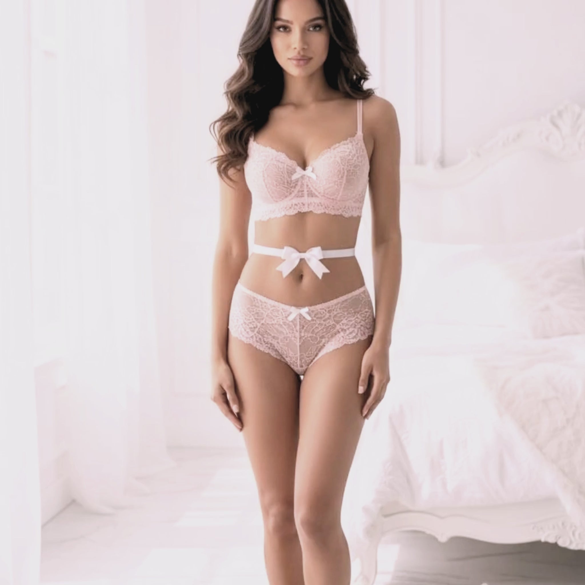 Bombshell White Bow Belt on Brunette model in pink lingerie 