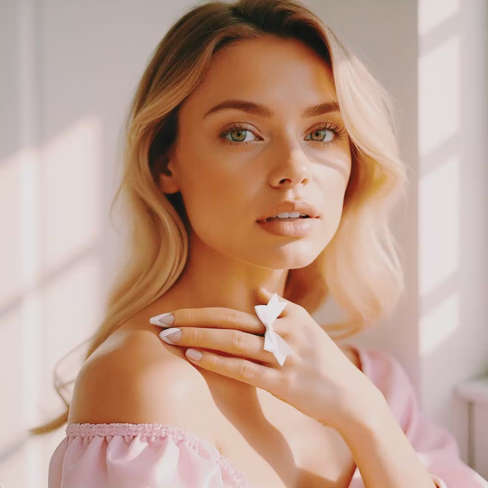 Model Wearing White Bow Ring