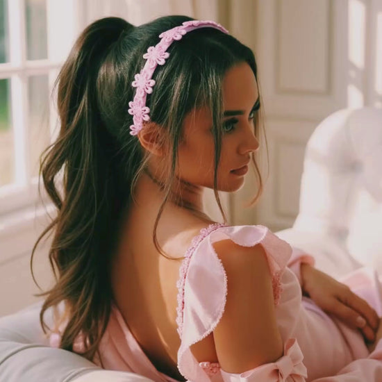 Model in Pink Blossom Flower Headband in White Boudoir