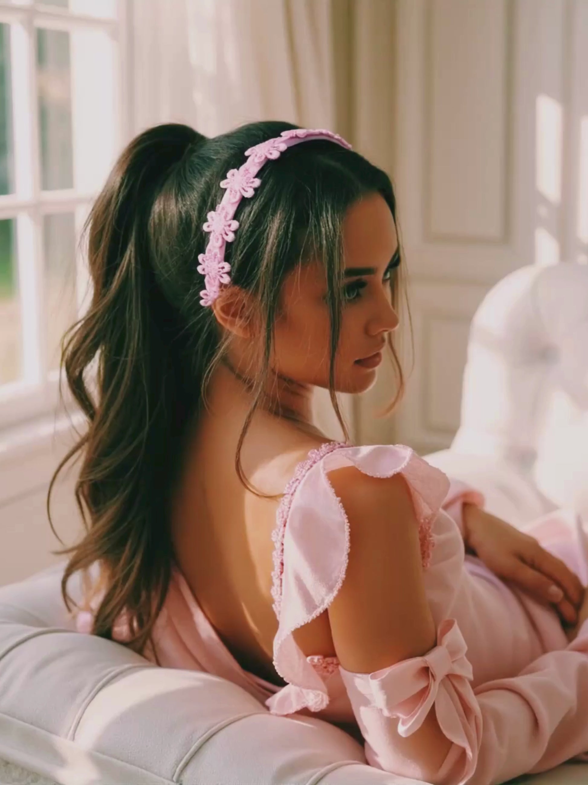 Model in Pink Blossom Flower Headband in White Boudoir