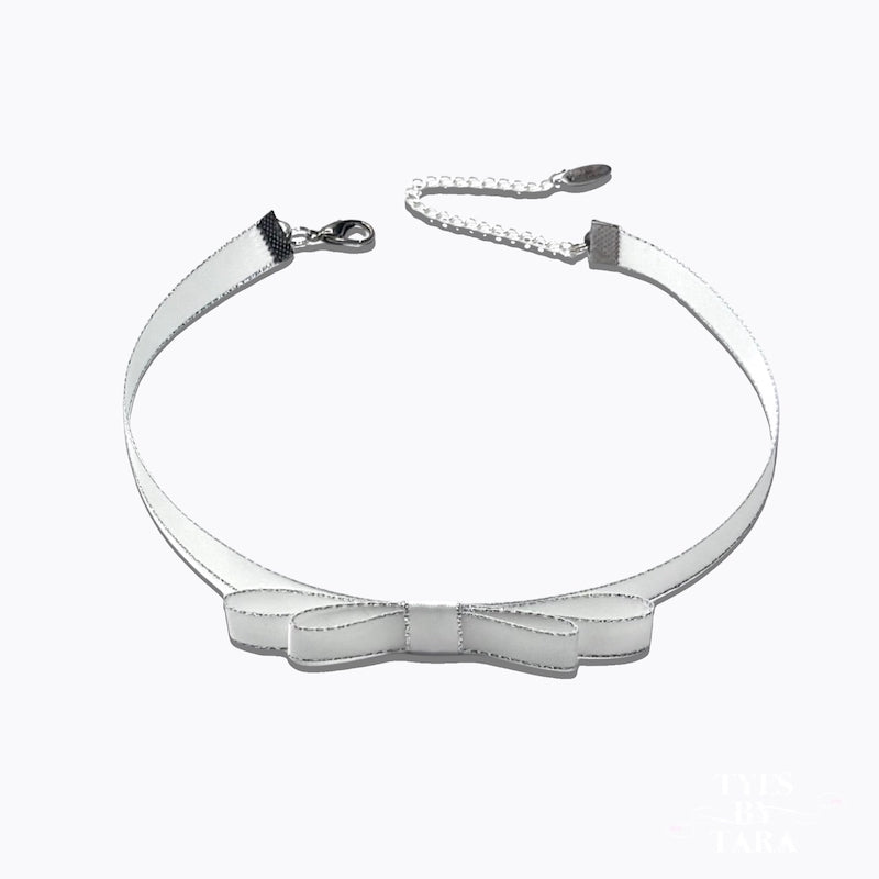 Queen White Bow Choker with Silver Metallic Trim