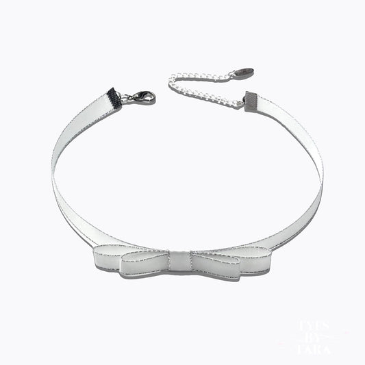 Queen White Bow Choker with Silver Metallic Trim