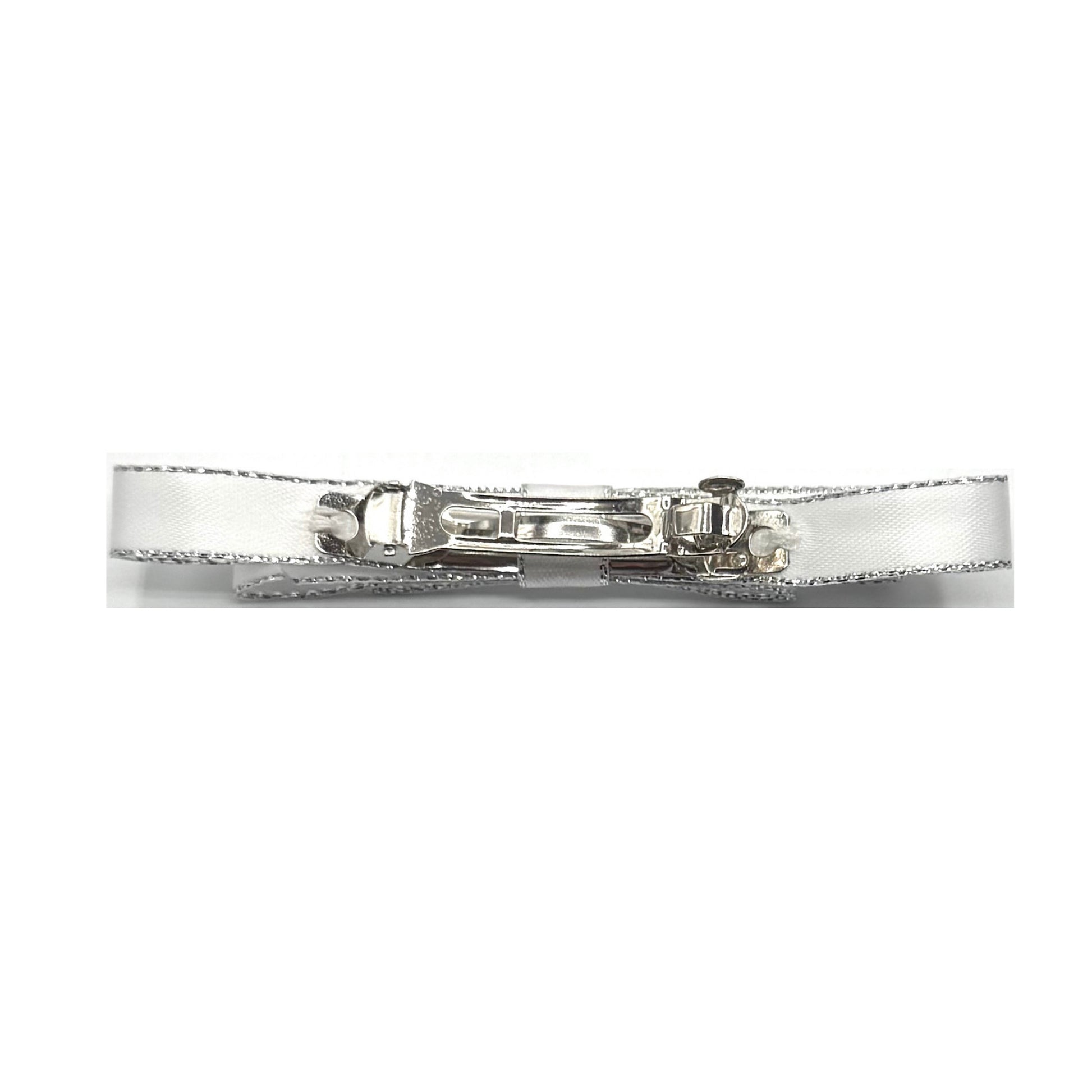 queen white hair bow with silver metallic trim on white background