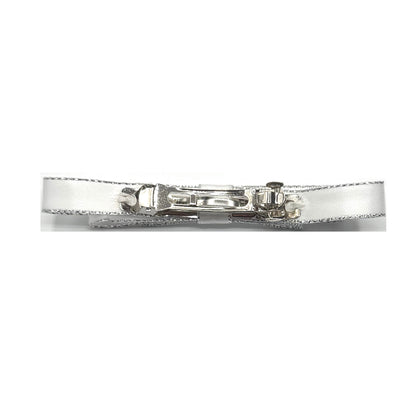 queen white hair bow with silver metallic trim on white background