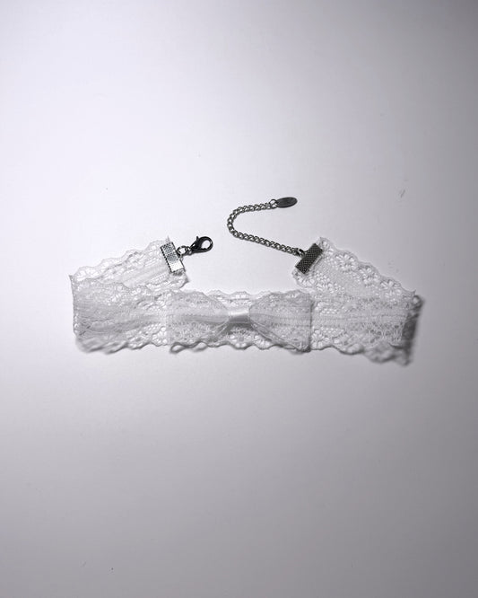 Siren White Lace Bow Choker on light gray background