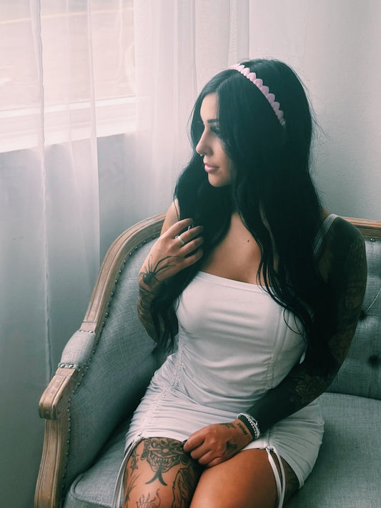 sweetheart pink heart headband in white boudoir