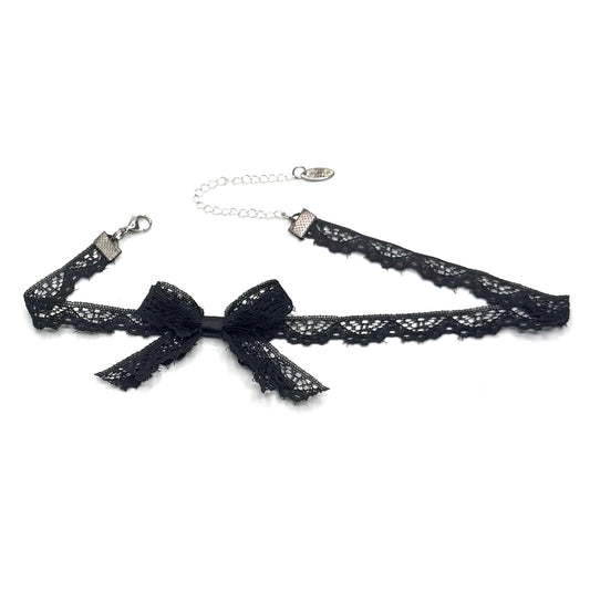 tease black lace bow choker on white background