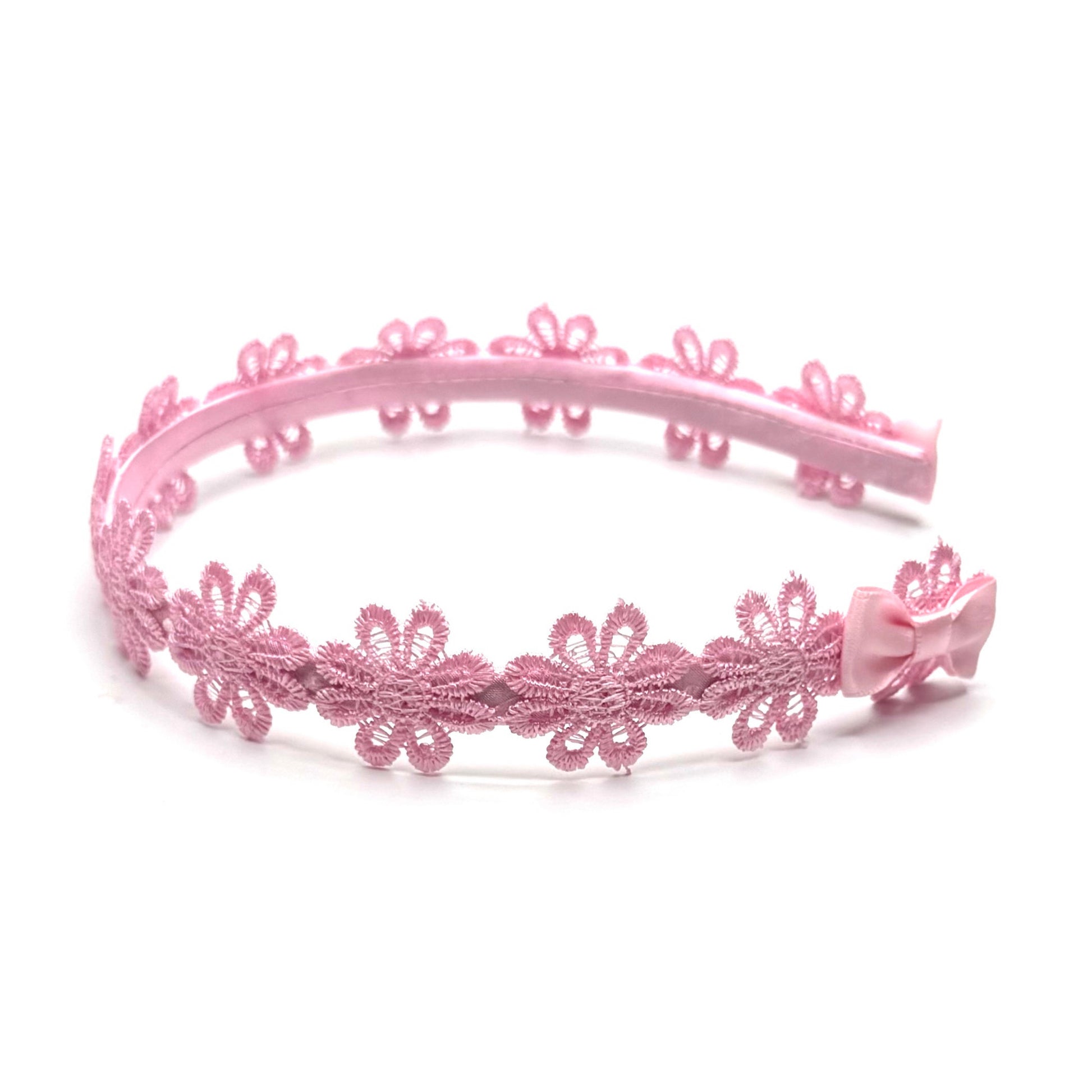 Pink Flower Headband on White Background Side View Showing Pink Bow Detail
