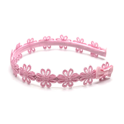 Side View Blossom Pink Flower Headband with Satin petite pink bows