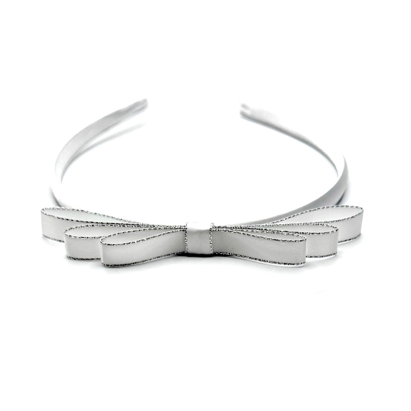 White Satin Bow Headband with Silver Metallic Trim Top View