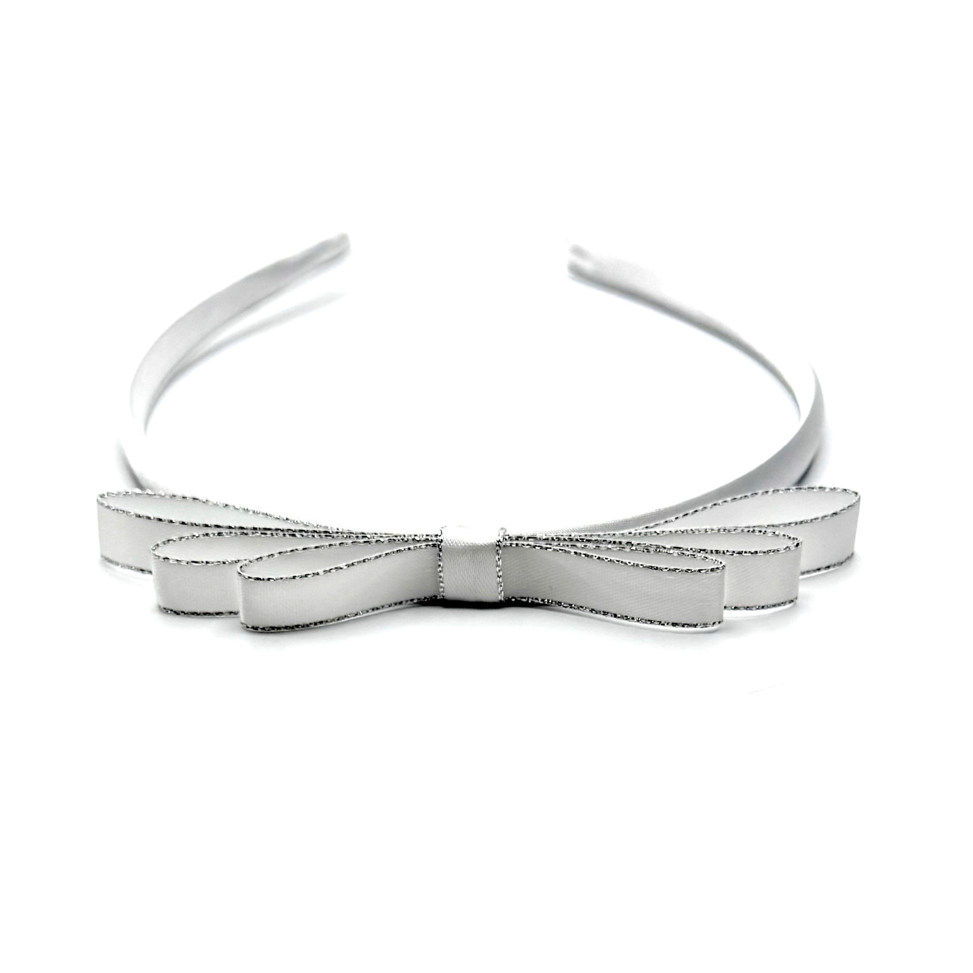 White Satin Bow Headband with Silver Metallic Trim Top View