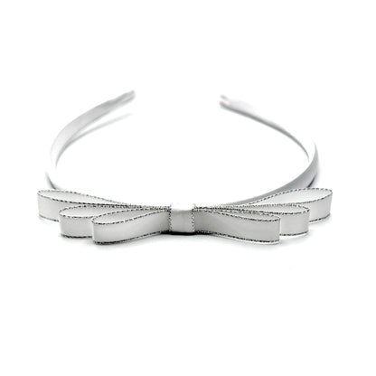 White Satin Bow Headband with Silver Metallic Trim Top View