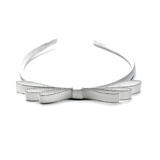 White Satin Bow Headband with Silver Metallic Trim Top View