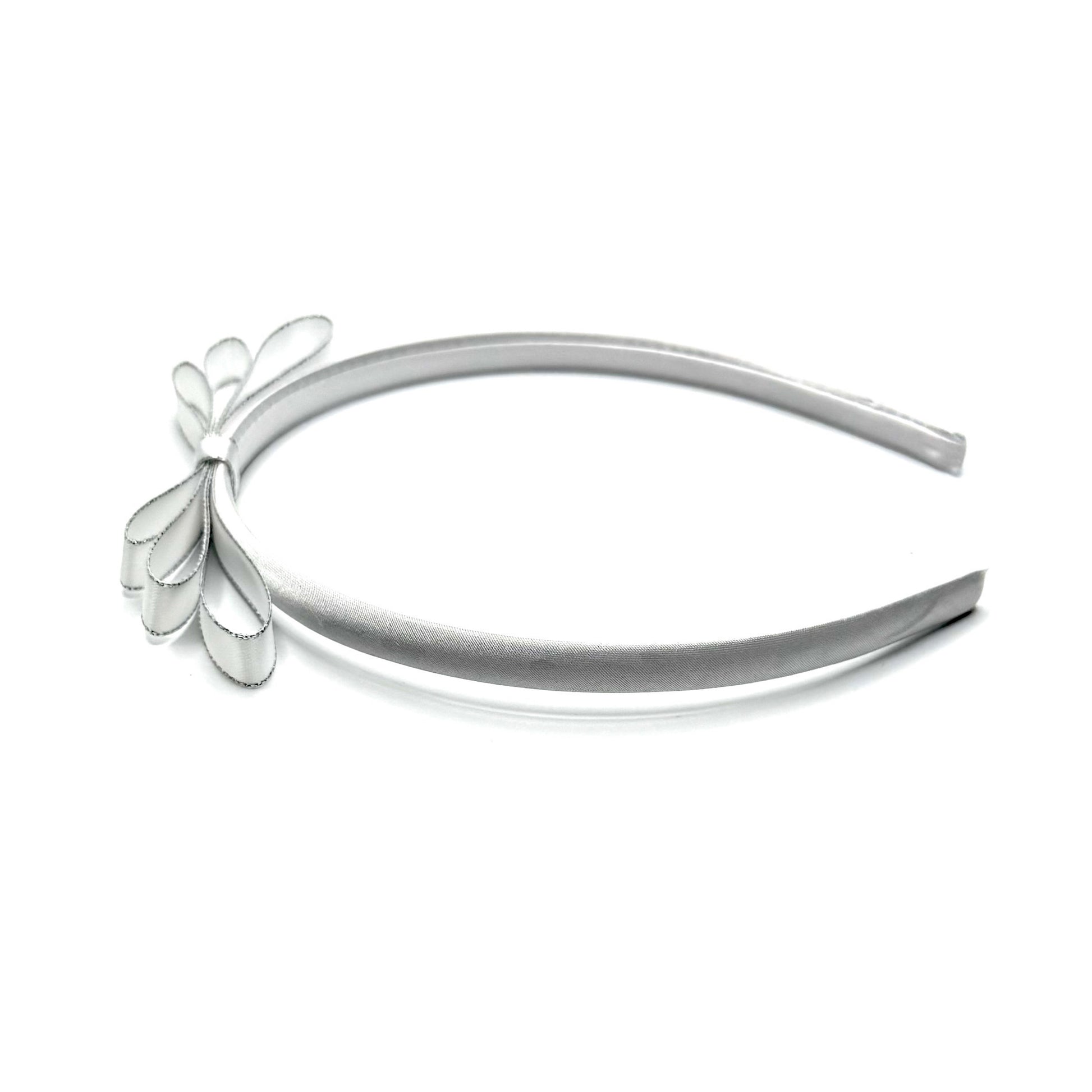 White Satin Bow Headband with Silver Metallic Trim Side View