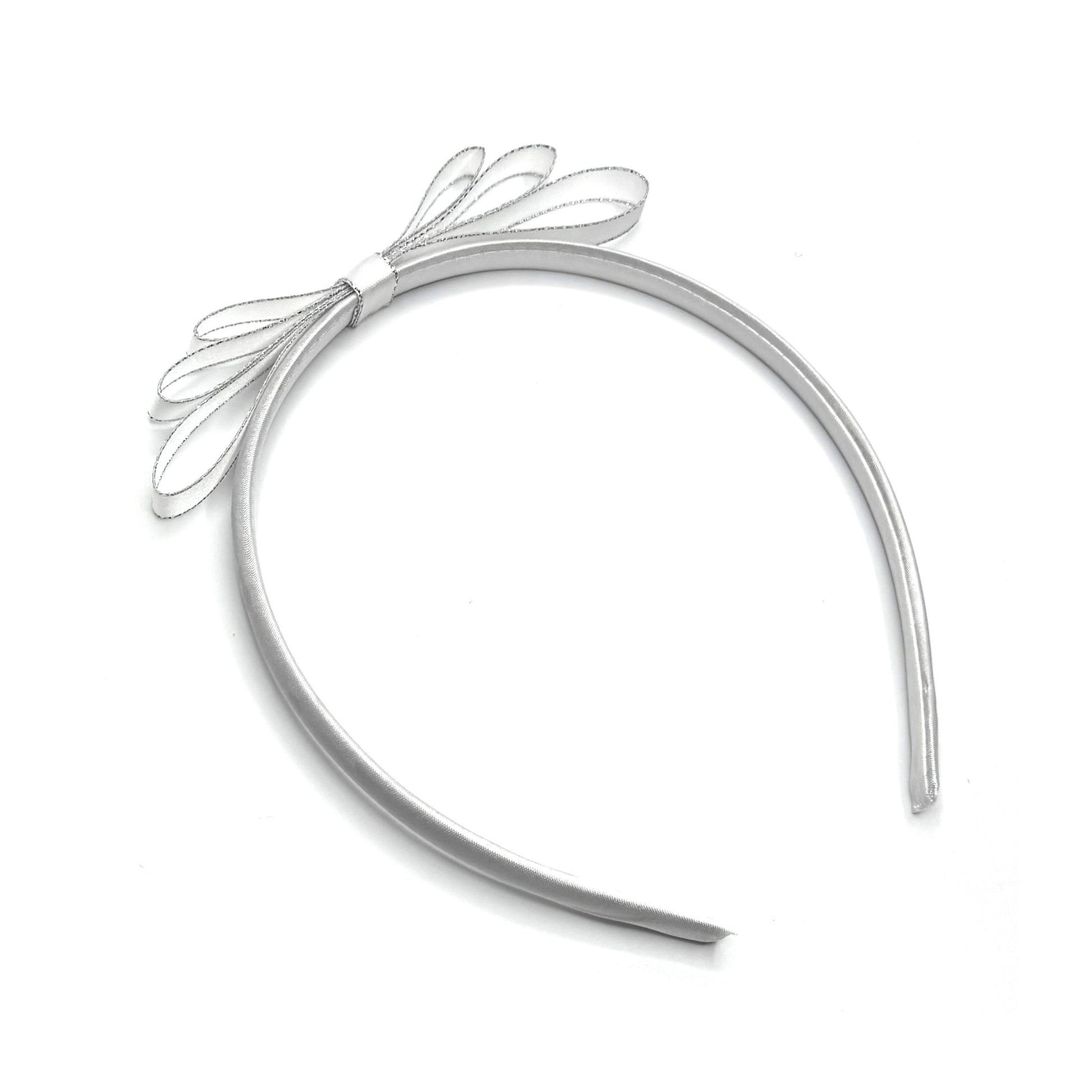 White Satin Bow Headband with Silver Metallic Trim