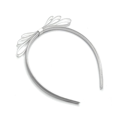 White Satin Bow Headband with Silver Metallic Trim