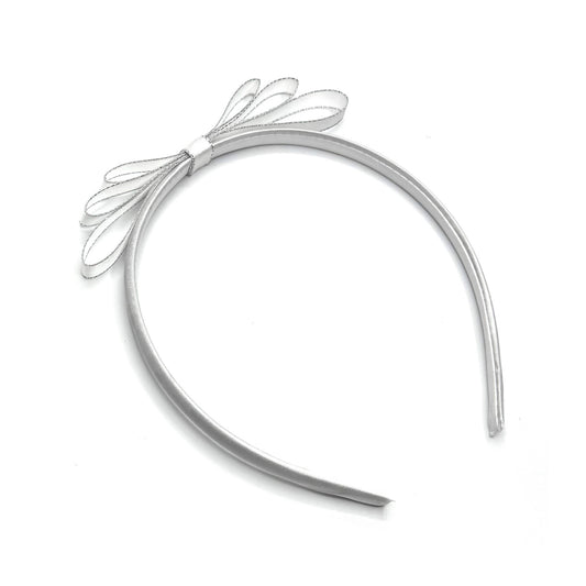 White Satin Bow Headband with Silver Metallic Trim