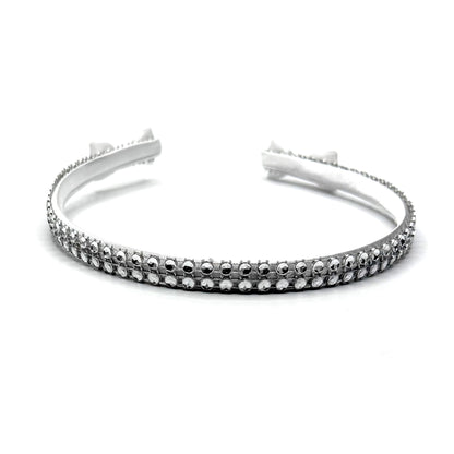 White Sparkly Headband with White and Silver Rhinestone Metsh with White Bows on the ends on a White Background Top View